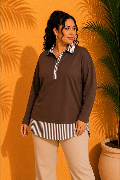 FOR ESRA BIG TREND Women's Brown Plus Size Collared Hem Striped Woven Shirt D...