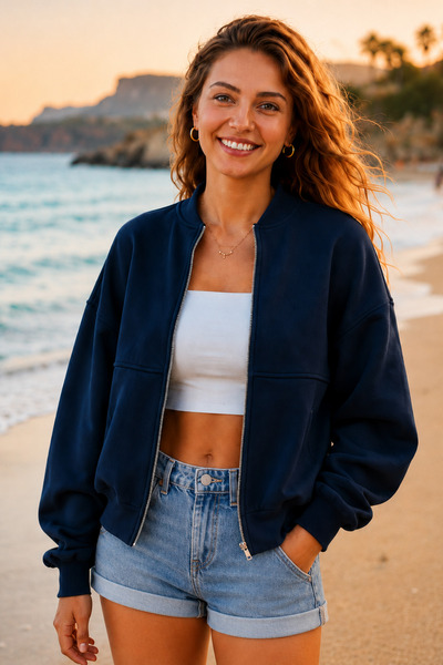 YAKAMEL Kadın Oversize Fermuarlı Çıma Desenli Yeni Sezon Trend Bomber Ceket