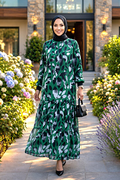Hb Harma Time Butik Women's Embroidered Patterned Chiffon Green Dress