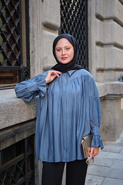 LOCCO Women's Gathered Sleeve Striped Shirt Blue