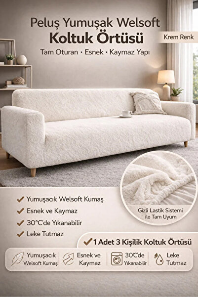 elyar Pelüş Düz 3 Kişilik Welsoft Kanepe Örtüsü | Lastikli Koltuk Örtüsü |çek...