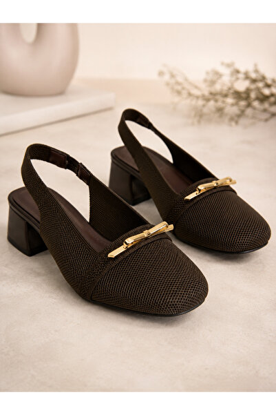 StepMore Women's Slingback Short Heeled Shoes Gold Buckle Square Toe Stylish ...