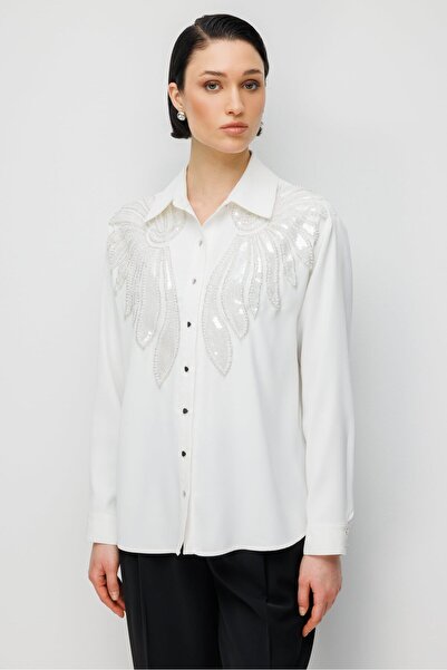 Moda İlgi Modailgi Bead Embroidered Appliqué Oversize Shirt-10121