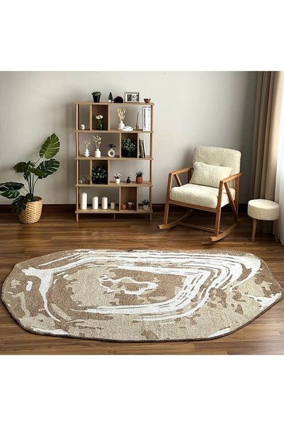 TÜRKERİ Çift Taraflı Amorf Bej Kahve Modern Salon Halısı Yıkanabilir Dekoratif Halı