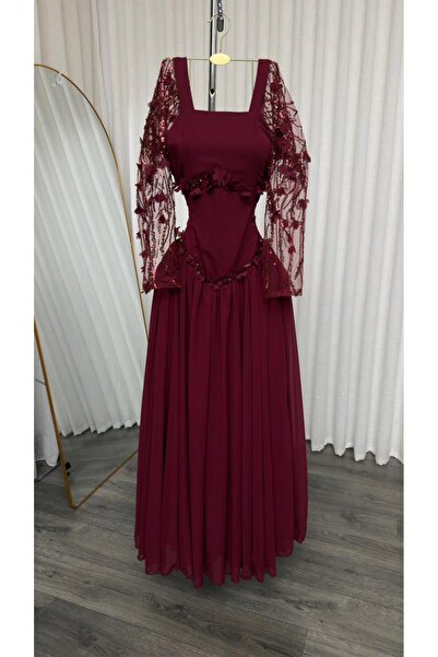 SERA Burgundy Evening Dress with Embroidered Sleeves
