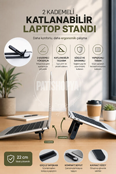 PATİSHOPYA Katlanabilir Laptop Standı 2 Kademeli Yapışkanlı Notebook Yükselti...