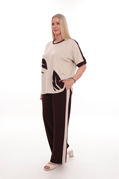 zitex Short Sleeve Print and Stone Detail Modal Fabric Plus Size Tracksuit Se...