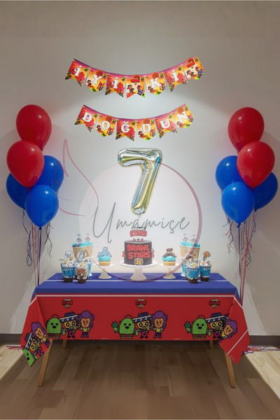 Umamiçe Brawl Stars Themed 7Th Birthday Party Set – Tablecloth + Banner + 7 N...