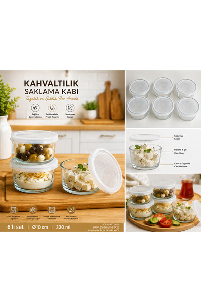Paşabahçe 6'lı Cam Kahvaltılık Saklama Kabı Seti 320 ml Sızdırmaz Kapaklı BPA...