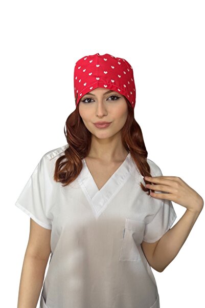 ÇİMEN BUTİK Pamuklu Poplin Cerrahi Ve Aşçı Bone Kırmızı Kalp Desenli