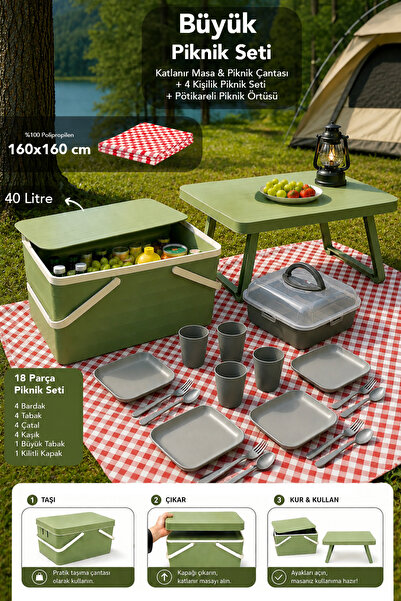 Meleni Home 4'lü Piknik Seti - Taşıma Sepeti Katlanabilir Masa Taşınabilir Ye...