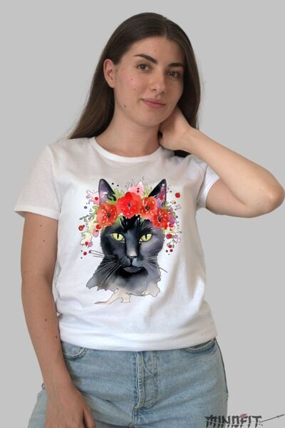 GILDAN Black Cat and Poppies T-SHIRT -Shirt