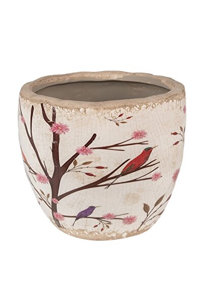 DecoDepot Ceramic pot, twig/bird pattern, 13x11 cm