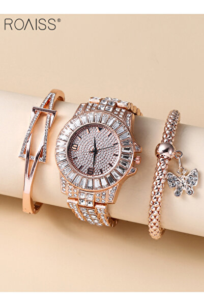 ROAISS 3PCS Women's Steel Strap Bracelet Watch Set Analog Display Round Dial ...