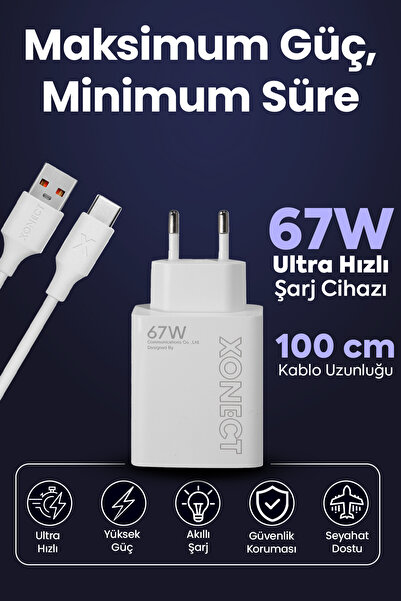 XONECT - USB Çıkışlı 67W Hızlı Şarj Adaptörü ve 1M USB to Type-C Kablo Seti