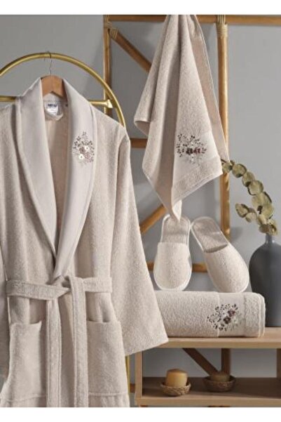 Alhabib bedding Luis Bathrobe Set Cotton Turkish Embroidered Beige 5 Piece Ba...
