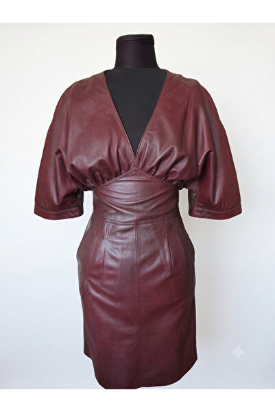 asus deri Genuine Leather Plum V-Neck Gathered Dress - Leather Dress with Cor...