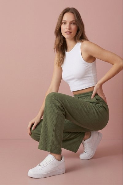 just wear zt Women's Daily Use Ribbed Wide Leg Pants