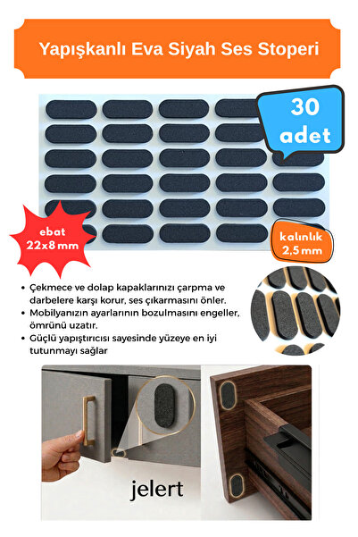 Jelert Kendinden Yapışkanlı Eva Siyah Ses Stoperi 22x8 mm Oval Çarpma Önleyic...