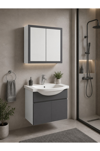 artva Bella Antrasit Beyaz 60 cm %100 Mdf Seramik Lavabolu Banyo Dolabı + Ayn...