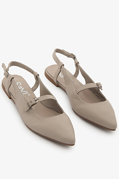 SAYL Taş Rengi Hakiki Deri Kadın Babet Slingback Ayakkabı