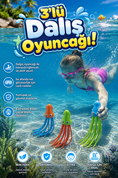 craftivio 3'lü Renkli Kalamar Dalış Oyuncağı Seti Su Altı Çocuk Havuz Oyuncağ...