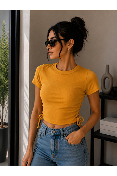 BAHNUR Women's Mustard Yellow Drawstring Detailed Crop Blouse – Camisole Fabr...