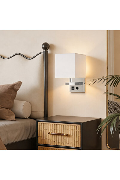 HAMER إضاءة حائط فندقية فضية بمنفذ USB وType-C – لمبة E27