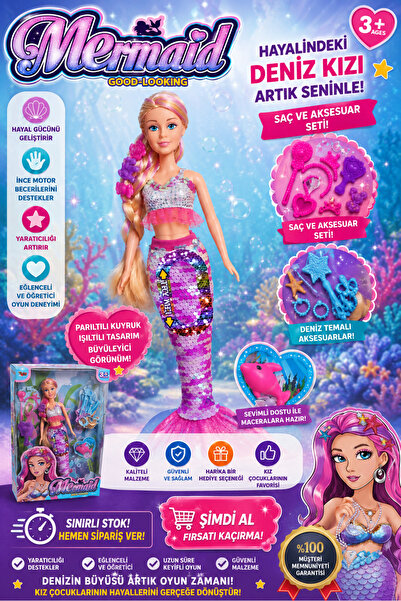 Kidora Toys Mermaid Deniz Kızı Bebek Saç ve Aksesuar Setli Işıltılı Kuyruklu ...
