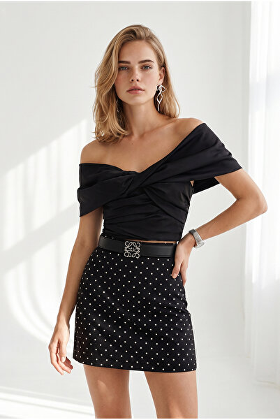 Olalook Women's Black Zippered Lined Mini Polka Dot Skirt Etk-19000436