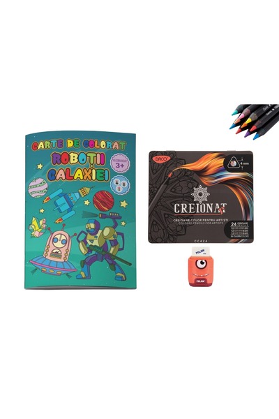 Daco Set Colorat Roboții Galaxiei – Carte de Colorat A4, 24 Creioane Colorate...