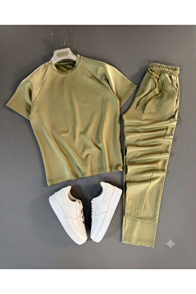 thefun fashion Men's Khaki Oysho Fabric Raglan Sleeve Oversize T-Shirt and El...