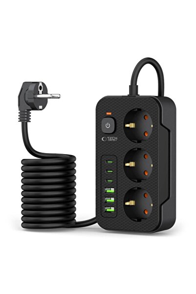 Tech-Protect Prelungitor PC3X6, 3 x Schuko - 3 x USB-A - 3 x USB-C, Negru