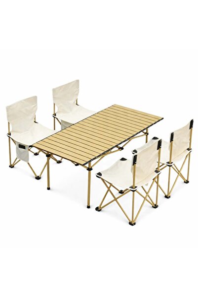 Zenorius Masă Pliabilă 95x55x50cm cu 4 Scaune, Set Camping Portabil din Alumi...