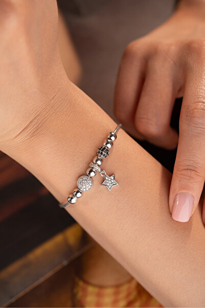 Silvano Jewelry 925 Ayar Gümüş Yıldız Sallantılı Siyah Toplu Bileklik