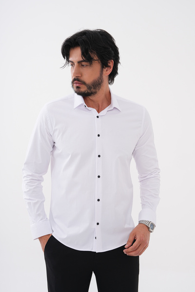 GustmanModa White Classic Collar Shirt with Black Buttons