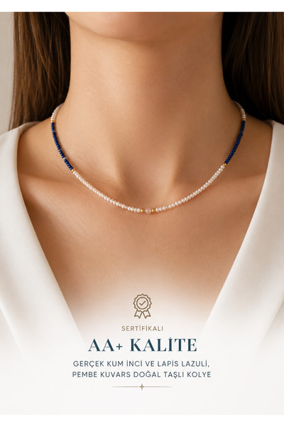 PORSE AA+ Kalite Sertifikalı Gerçek Kum İncili Lapis Lazuli ve Pembe Kuvars D...