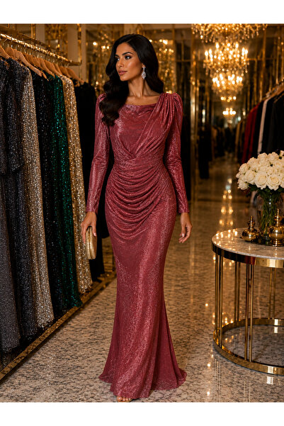 FOR COSTUME فستان سهرة بأكمام طويلة مزين بالترتر 10258