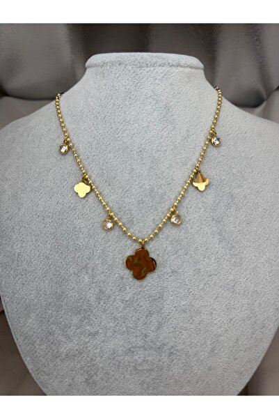 ZS Aksesuar Gold Color Clover Figured Stone Detailed Women's Necklace – Elega...