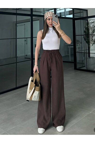 Olbia Women's Brown High Waist Elastic Tencel Trousers with Pockets