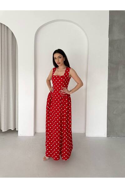 Bella Breeze Polka Dot Patterned Square Neck Midi Dress Elegant Cut Summer Women's Dress
