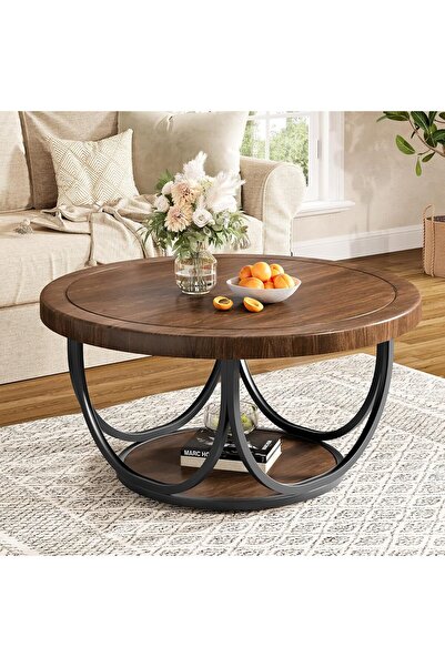 HoMeY furniture طاولة قهوة مستديرة من تريبساينز، خشب ومعدن، مع تخزين، مقاومة ...