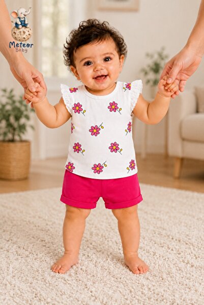 METEOR BABY Baby Girl Set - Floral Patterned Ruffle Sleeve Shorts Summer Set