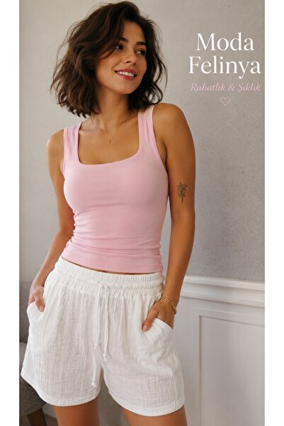 moda felinya KADIN CEPLİ BELİ LASTİKLİ BEYAZ RENK MÜSLİN ŞORT