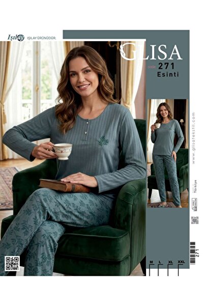 GLİSA IŞILAY 3 düğmeli figürlü pamuklu kadın pijama takımı