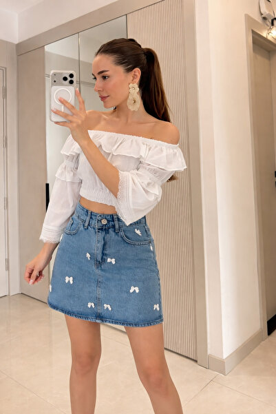 Perry Boutique Γυναικεία Μίνι Τζιν Φούστα με Λεπτομέρεια Φιόγκου