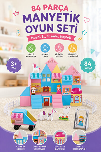 Toyaş 84 Parça Manyetik Yapı Blokları Prenses Ev Seti - Manyetik İnşa Oyuncağ...