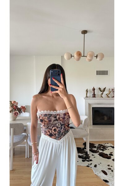 codudem Floral Patterned Corset Blouse with Lace Details