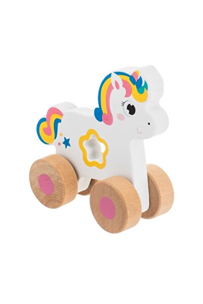 OEM Unicorn din lemn alb-roz cu stea și 4 roți 12 x 5 x 12 cm