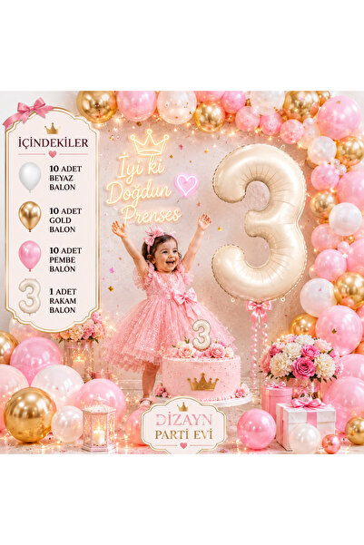 Dizayn Parti Evi Doğum Günü Balon Seti Pembe Gold Beyaz Karışık Balonlu Parti...